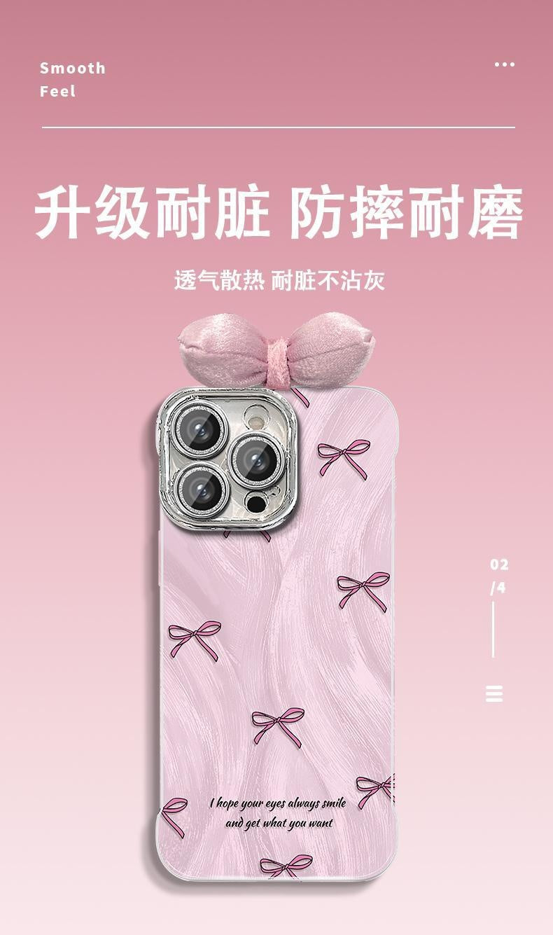 Pink Bowknot Compatible with Apple 16 Pro Phone Case Hard Shell iPhone15141312Precision Hole Frameless Feather Gauze