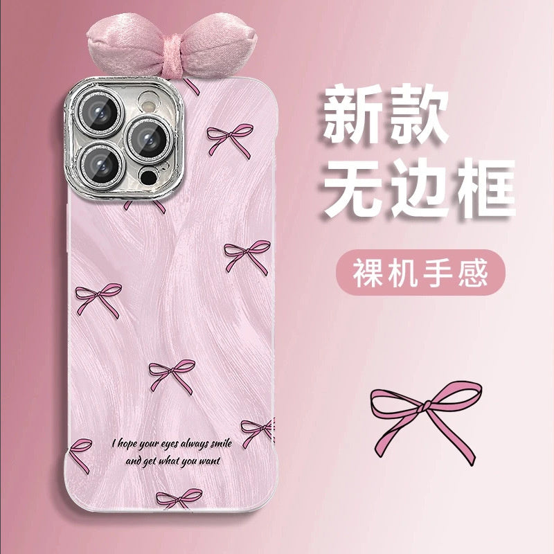 Pink Bowknot Compatible with Apple 16 Pro Phone Case Hard Shell iPhone15141312Precision Hole Frameless Feather Gauze