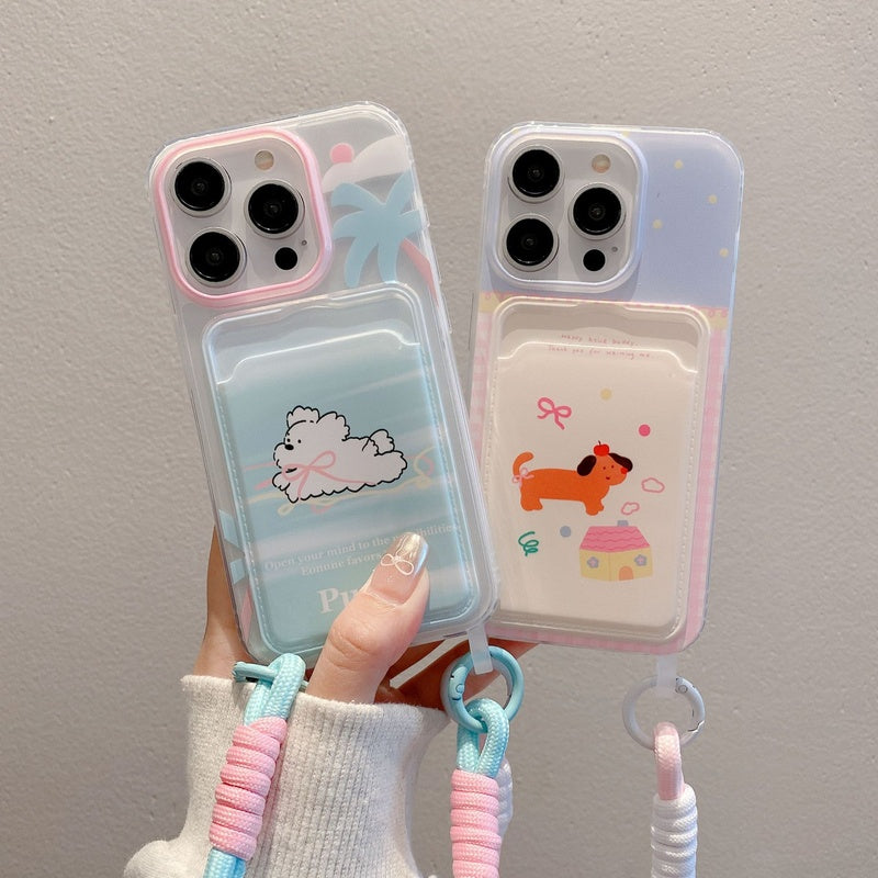 Suitable for Apple 15PROMAX woven lanyard phone case, iPhone 16PRO striped dog cartoon protective case
