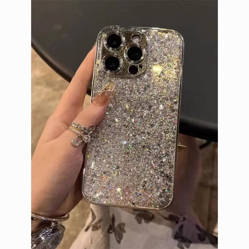 New luxury silver glitter powder suitable for Apple 16Pro, new electroplated drip glue 16promax anti drop 15Pro precision hole