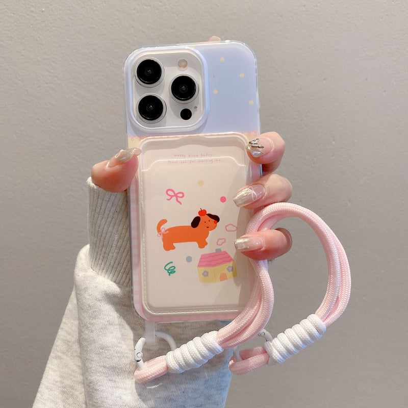 Suitable for Apple 15PROMAX woven lanyard phone case, iPhone 16PRO striped dog cartoon protective case