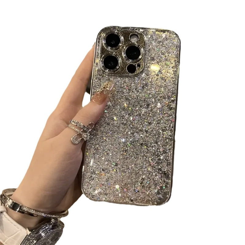 New luxury silver glitter powder suitable for Apple 16Pro, new electroplated drip glue 16promax anti drop 15Pro precision hole