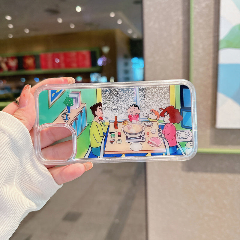 Cartoon Flowing Sand Window Crayon Shin chan, suitable for iPhone 16 phone Apple 14 anti fall protective case, 11
