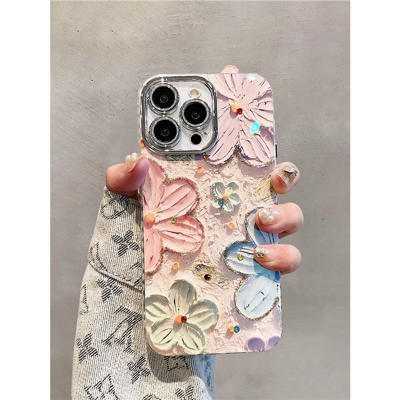 Suitable for iPhone 16 Promax case, Apple 15 Pro, Blue light oil painting, Flower 13, Korean style women's version, 11 lens full