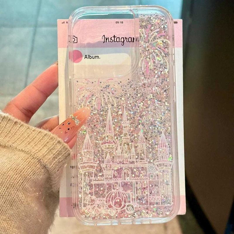 Fireworks and Castle Silver Flowing Sand Suitable for Apple 16 Phone Case iPhone 15/13 New 11Promax Hua