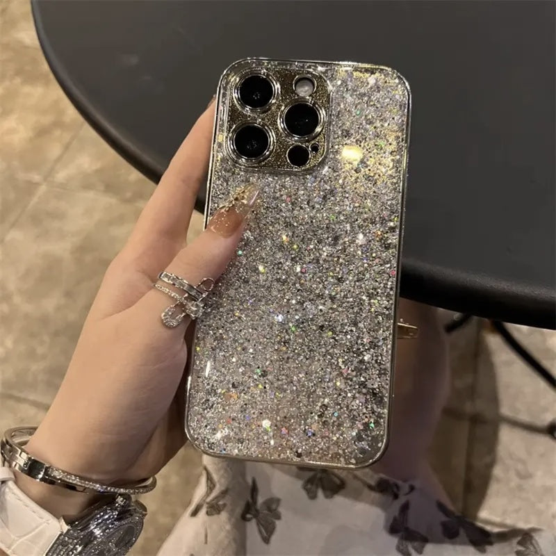 New luxury silver glitter powder suitable for Apple 16Pro, new electroplated drip glue 16promax anti drop 15Pro precision hole