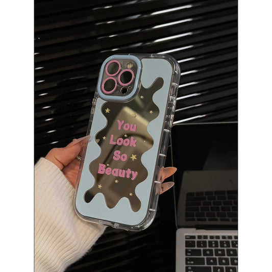 Wave Sparkling Star English Compatible Apple 16 Pro Creative iPhone 15 Phone Mirror Cream Case