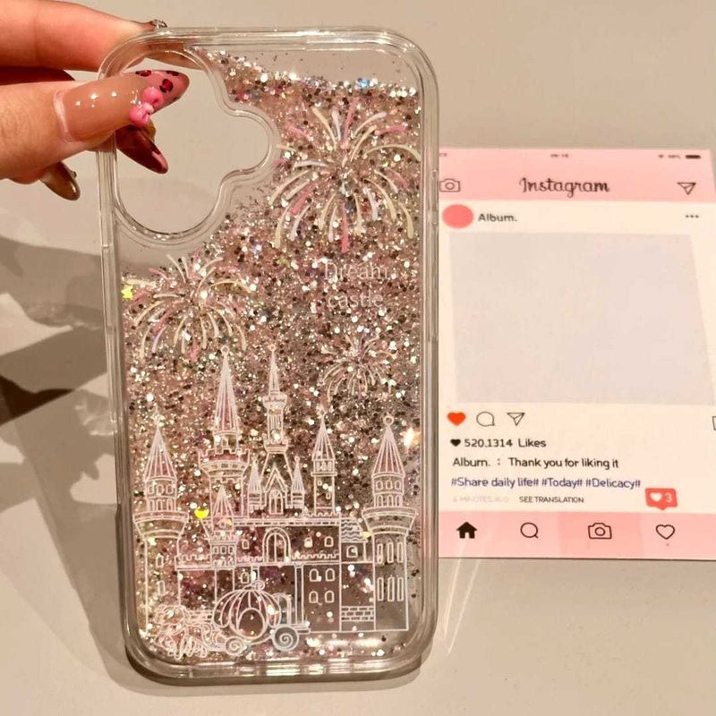 Fireworks and Castle Silver Flowing Sand Suitable for Apple 16 Phone Case iPhone 15/13 New 11Promax Hua