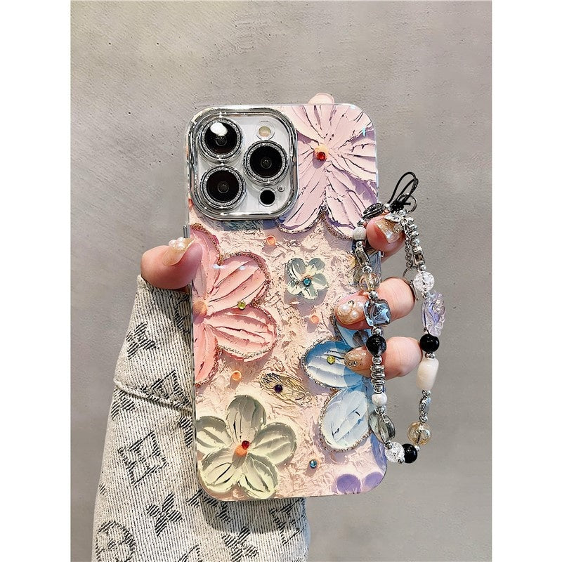 Suitable for iPhone 16 Promax case, Apple 15 Pro, Blue light oil painting, Flower 13, Korean style women's version, 11 lens full