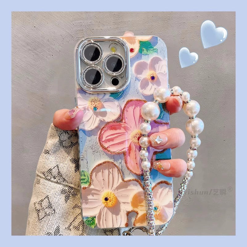 Suitable for iPhone 16 Promax case, Apple 15 Pro, Blue light oil painting, Flower 13, Korean style women's version, 11 lens full