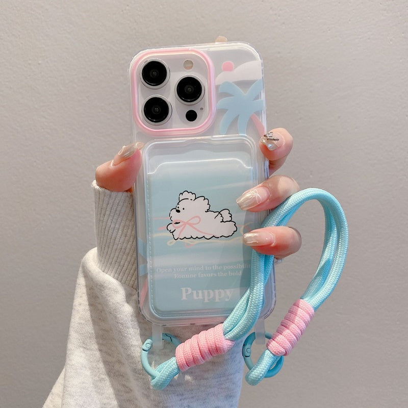 Suitable for Apple 15PROMAX woven lanyard phone case, iPhone 16PRO striped dog cartoon protective case