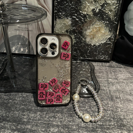 Advanced and Wealthy iPhone 15/16 Flowing Sand Phone Case 14 Pro Style Apple 13 Women 12 Pearl Bracelet