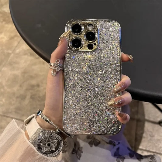 New luxury silver glitter powder suitable for Apple 16Pro, new electroplated drip glue 16promax anti drop 15Pro precision hole