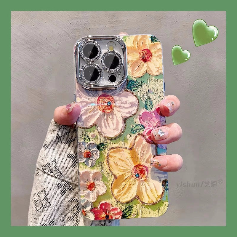Suitable for iPhone 16 Promax case, Apple 15 Pro, Blue light oil painting, Flower 13, Korean style women's version, 11 lens full