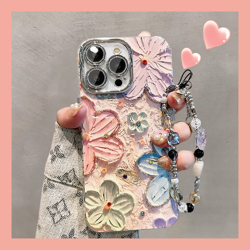 Suitable for iPhone 16 Promax case, Apple 15 Pro, Blue light oil painting, Flower 13, Korean style women's version, 11 lens full