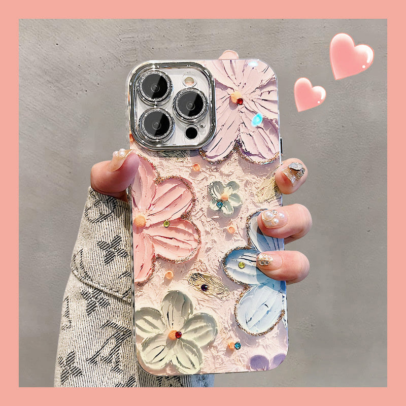Suitable for iPhone 16 Promax case, Apple 15 Pro, Blue light oil painting, Flower 13, Korean style women's version, 11 lens full