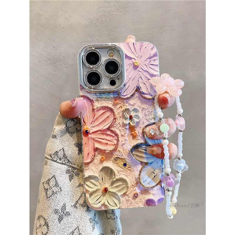 Suitable for iPhone 16 Promax case, Apple 15 Pro, Blue light oil painting, Flower 13, Korean style women's version, 11 lens full