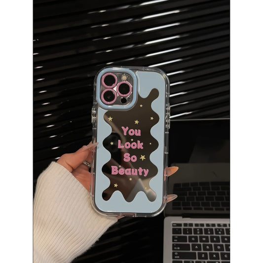 Wave Sparkling Star English Compatible Apple 16 Pro Creative iPhone 15 Phone Mirror Cream Case