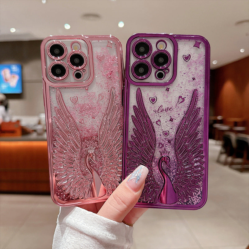 Swan 3D Flowing Sand Phone Case Suitable for Apple 16 ProMax New iPhone 15 Female Personalized Anti Drop