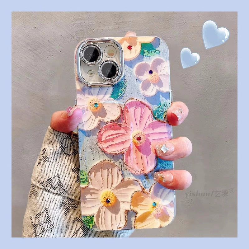 Suitable for iPhone 16 Promax case, Apple 15 Pro, Blue light oil painting, Flower 13, Korean style women's version, 11 lens full